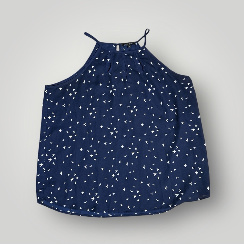 PAPERMOON Women's XL Navy Bird Print Pleated Halter Sleeveless Tank Top